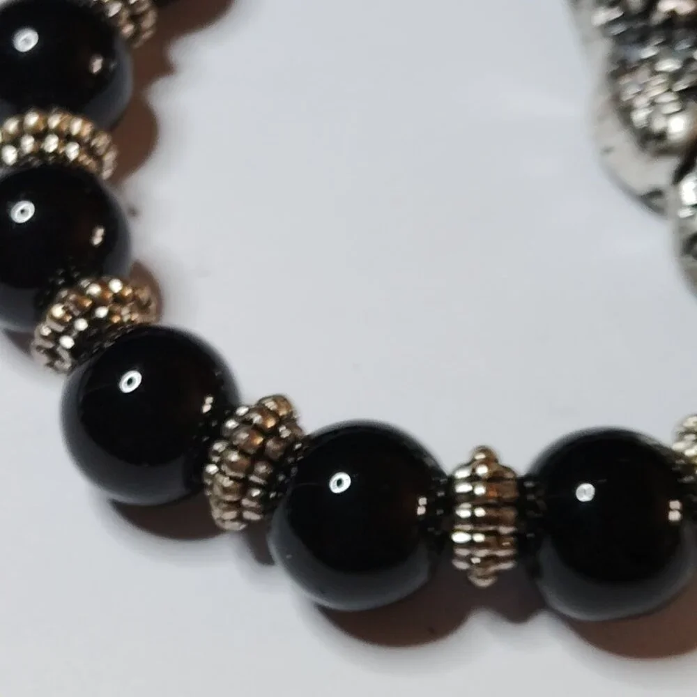 Black Bead Stretch Bracelet with Silver Tone Skull Gothic Punk Style